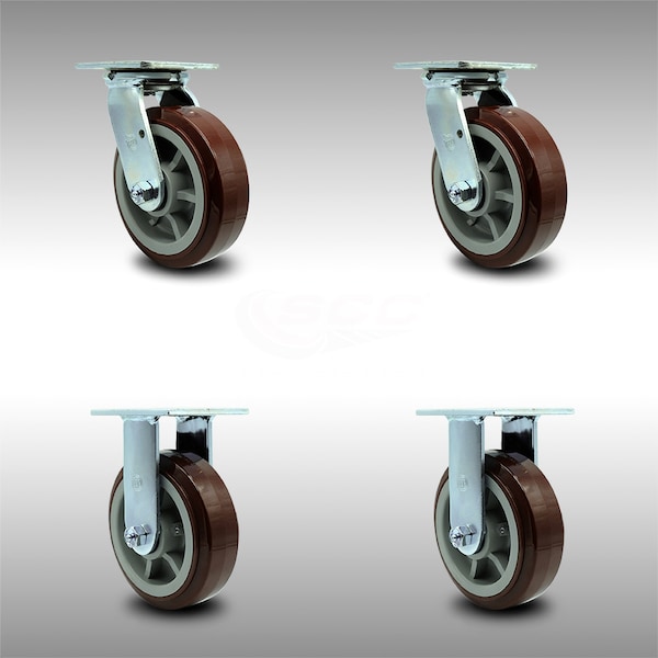 6 Inch SS Polyurethane Caster Set with Roller Bearings 2 Swivel 2 Rigid SCC